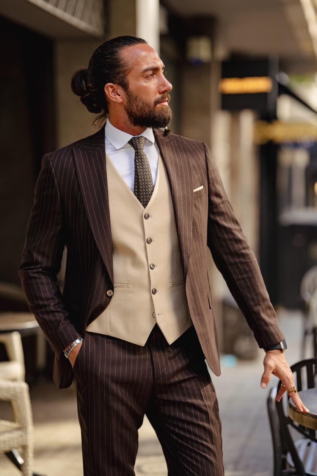 beige brown combination suit 638710